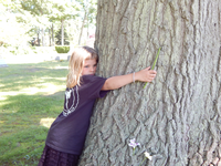 Joy hugs the tree planted in memory of Harry Faulk.